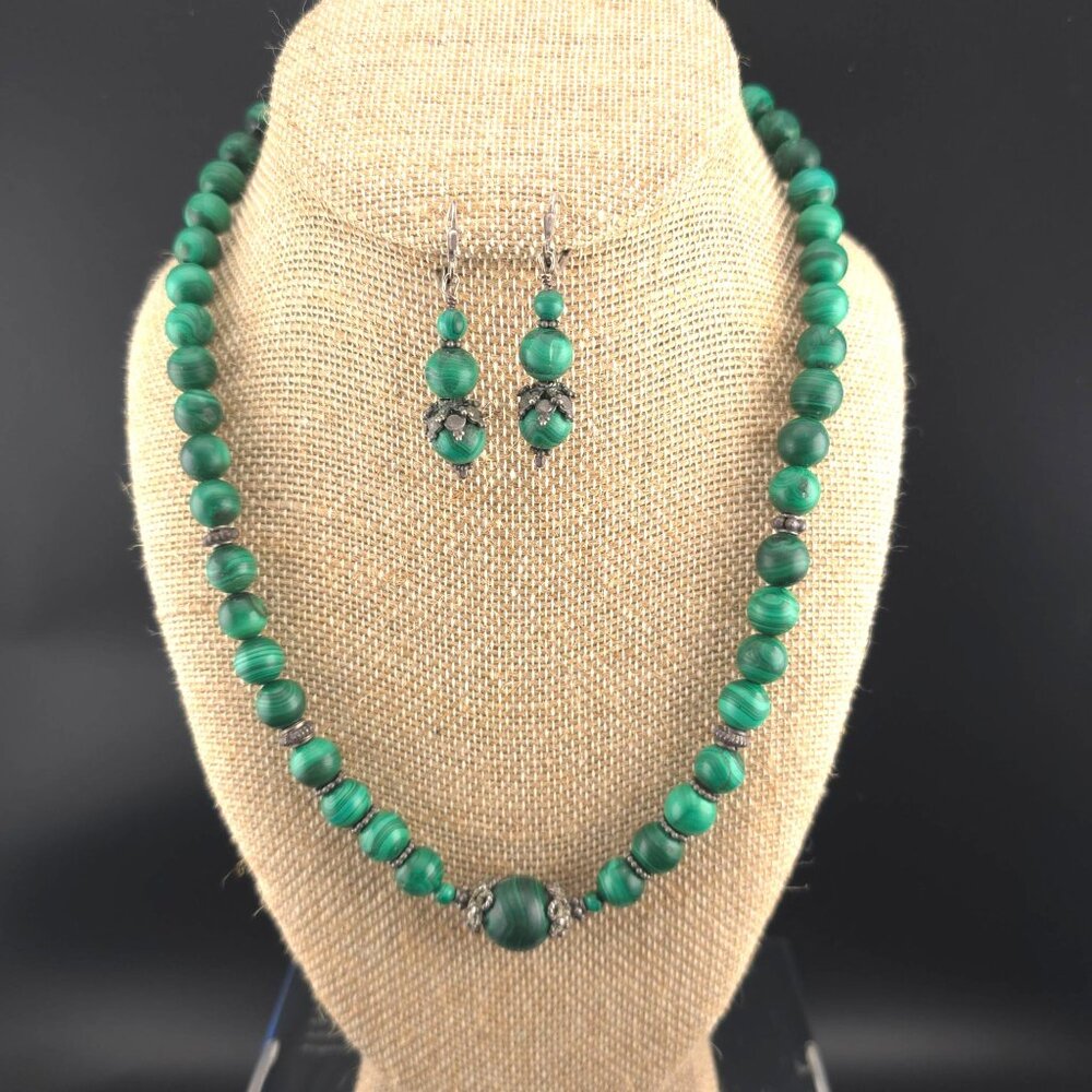 Vintage Malachite Beaded Necklace & Earrings Set Sterling Silver 19 inches - Picture 3 of 8
